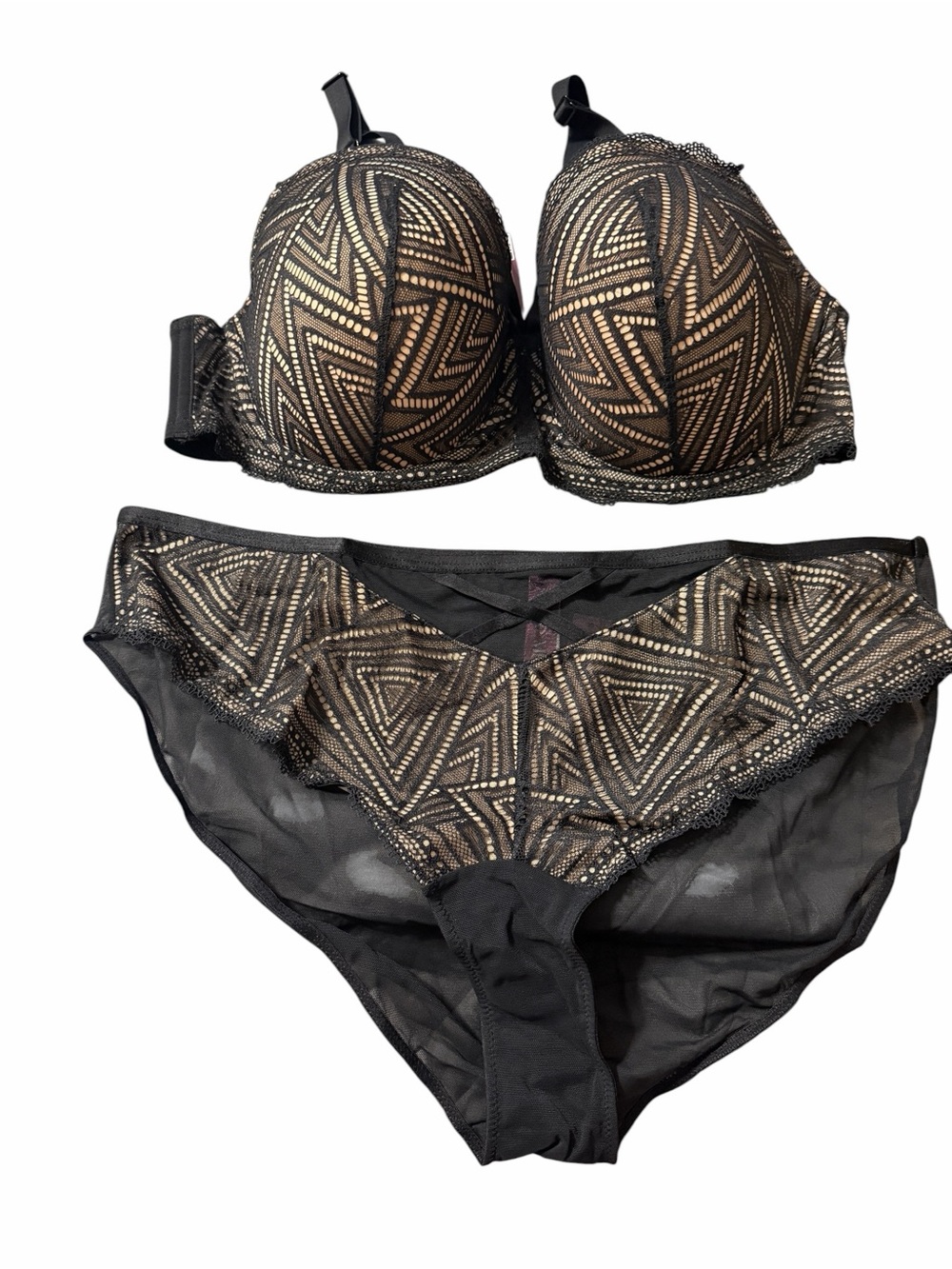 Adore Me Black Bra and Brief Set with Nude Geometric Lace